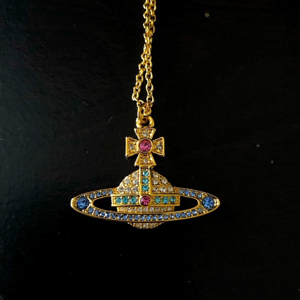 Gold Saturn Orb Necklace W/Multicolor Jewels